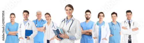 People in uniforms on white background. Medical staff