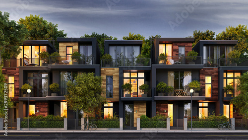 Evening view of the townhouse in a modern style