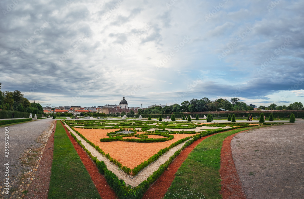 Panoramic view on the beautiful Belvedere garden to Lower Belvedere Palace in the center of Vienna, Austria.