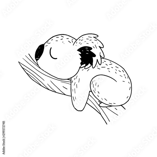 Funny cute koala resting and sleeping on a tree hand drawn style. For greetings cards, decorations, prints, banners. Vector illustration.