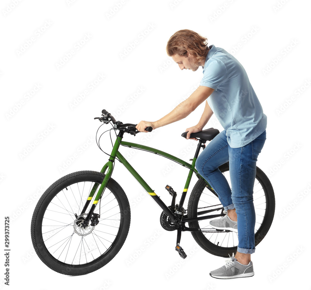 Young man with bicycle on white background Young man with bicycle on white background