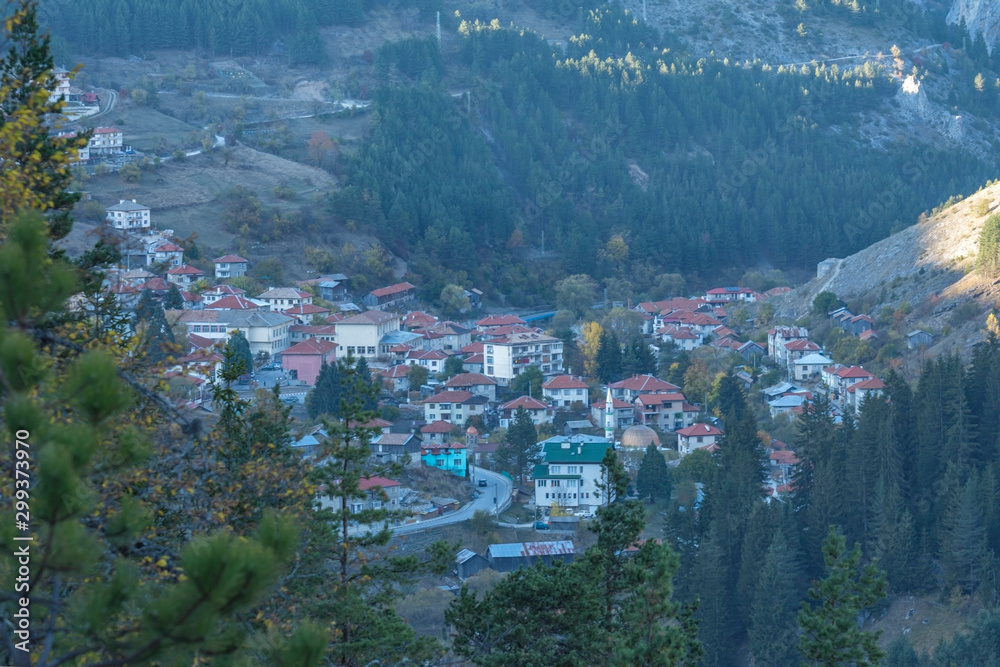 Bulgarian village Trigrad before sunset, situated in the heart of Rhodope Mountains. Fir trees at foreground.