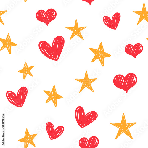 Heart and star doodles seamless pattern. Texture with hand drawn hearts and stars.