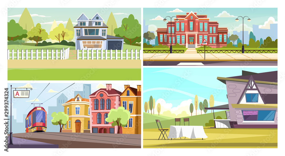 City and country buildings illustration set City and country buildings illustration set