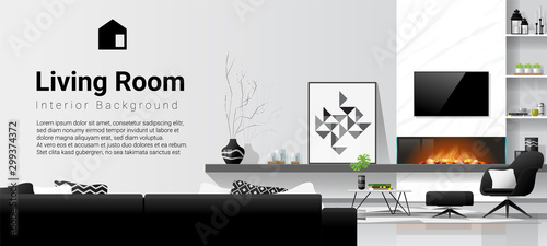 Modern living room interior background with fireplace and furniture in black and white theme , vector , illustration