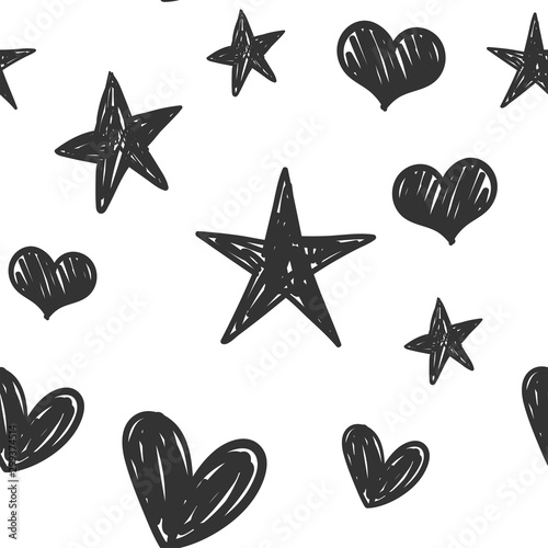 Heart and star doodles seamless pattern. Texture with hand drawn hearts and stars.