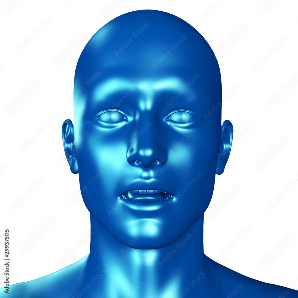 3d illustration of a blue male head surprised 3d illustration of a blue male head surprised