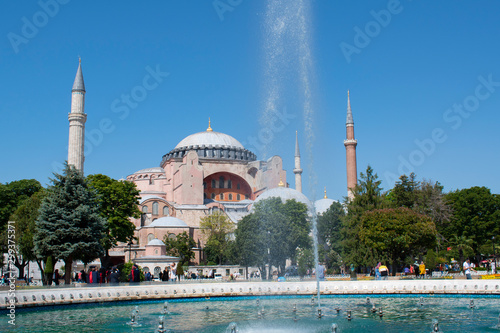 Istanbul, Turkey: Hagia Sophia, the famous former Greek Orthodox Christian patriarchal cathedral, later an Ottoman imperial mosque and now a museum, seen through the fountain of Sultan Ahmet Park