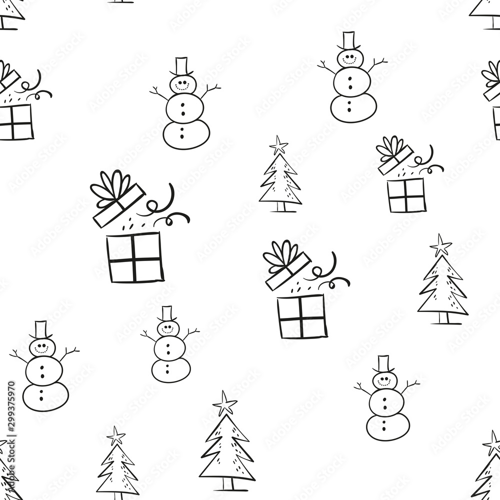 Christmas seamless pattern with doodle santa, snowman, tree and gift.