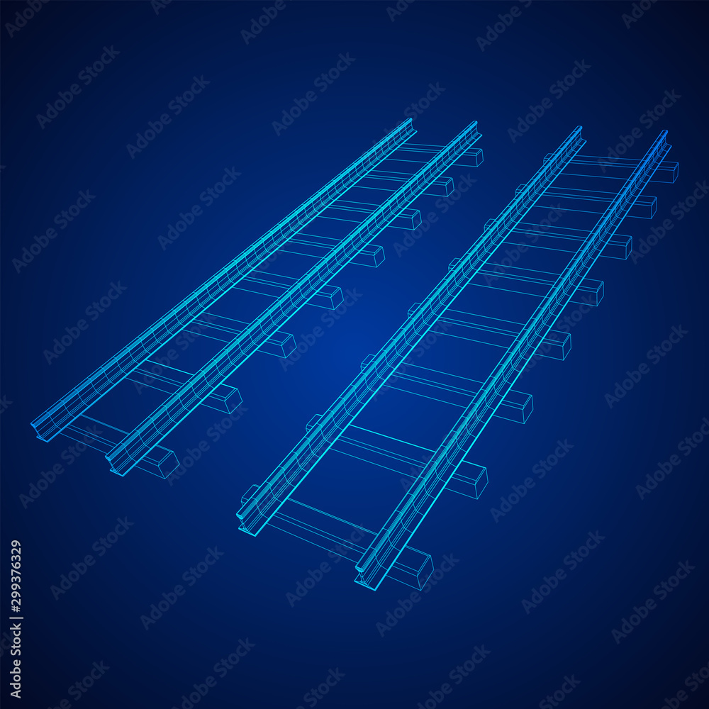 Straight rails. Railway wireframe low poly mesh vector illustration
