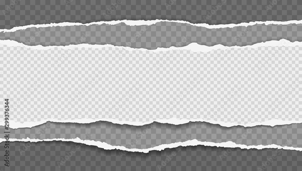 Pieces of torn, white and grey realistic horizontal paper strips with soft shadow are on black squared background. Vector illustration Pieces of torn, white and grey realistic horizontal paper strips with soft shadow are on black squared background. Vector illustration