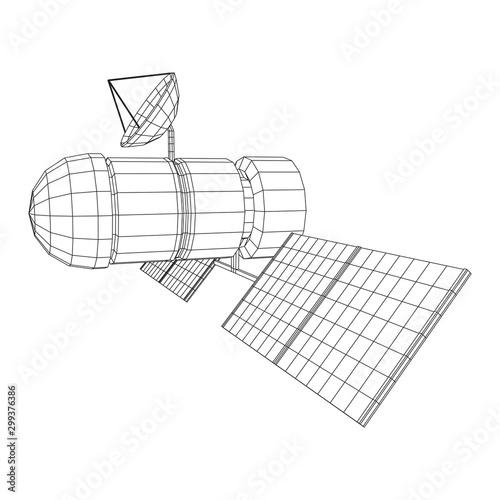 Space station communications satellite. Wireframe low poly mesh vector illustration.