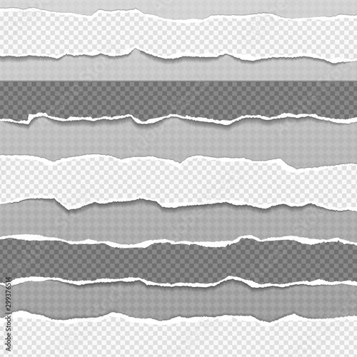 Pieces of torn white and grey squared realistic horizontal paper strips with soft shadow are on dark background. Vector illustration
