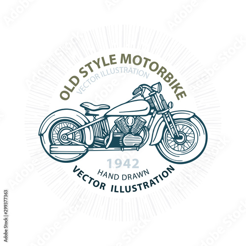 Vintage motorbike. Old style motorbike. Retro motorcycle. Hand drawn motorcycle illustrations set. Retro chopper drawing. Part of set.