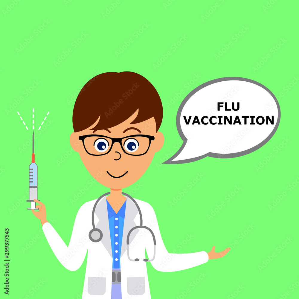 Cartoon character male doctor holding syringe and talking about flu vaccination. Healthcare concept. Flat vector illustration Cartoon character male doctor holding syringe and talking about flu vaccination. Healthcare concept. Flat vector illustration
