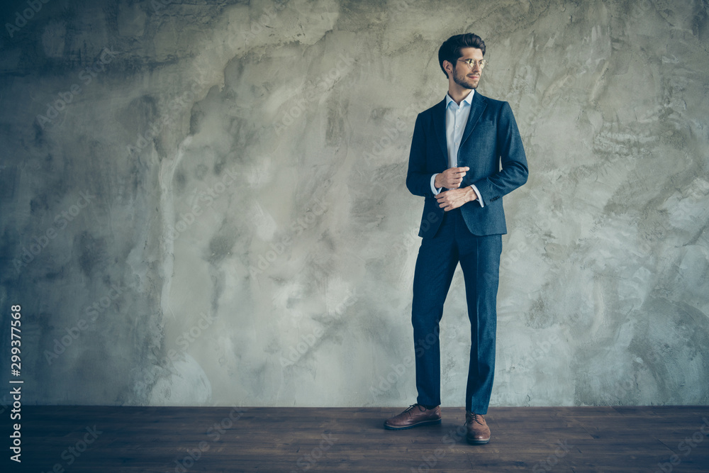 Full length profile side photo of stylish modern businessman stand over  grey backbground look dream about his career in enterprise wear black  formalwear outfit pants Stock Photo | Adobe Stock