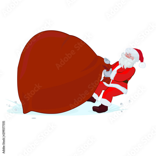 Cheerful Santa Claus pulls a big and heavy bag with gifts. Vector illustration. Isolated on white background