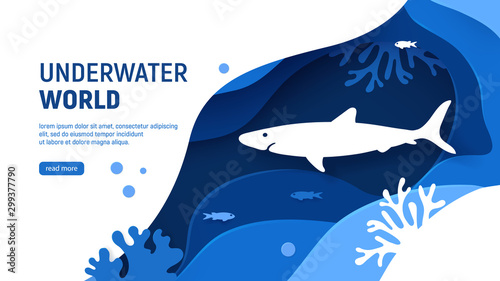 Underwater world page template. Paper art underwater world concept with shark silhouette. Paper cut sea background with shark, waves, fish and coral reefs. Craft vector illustration