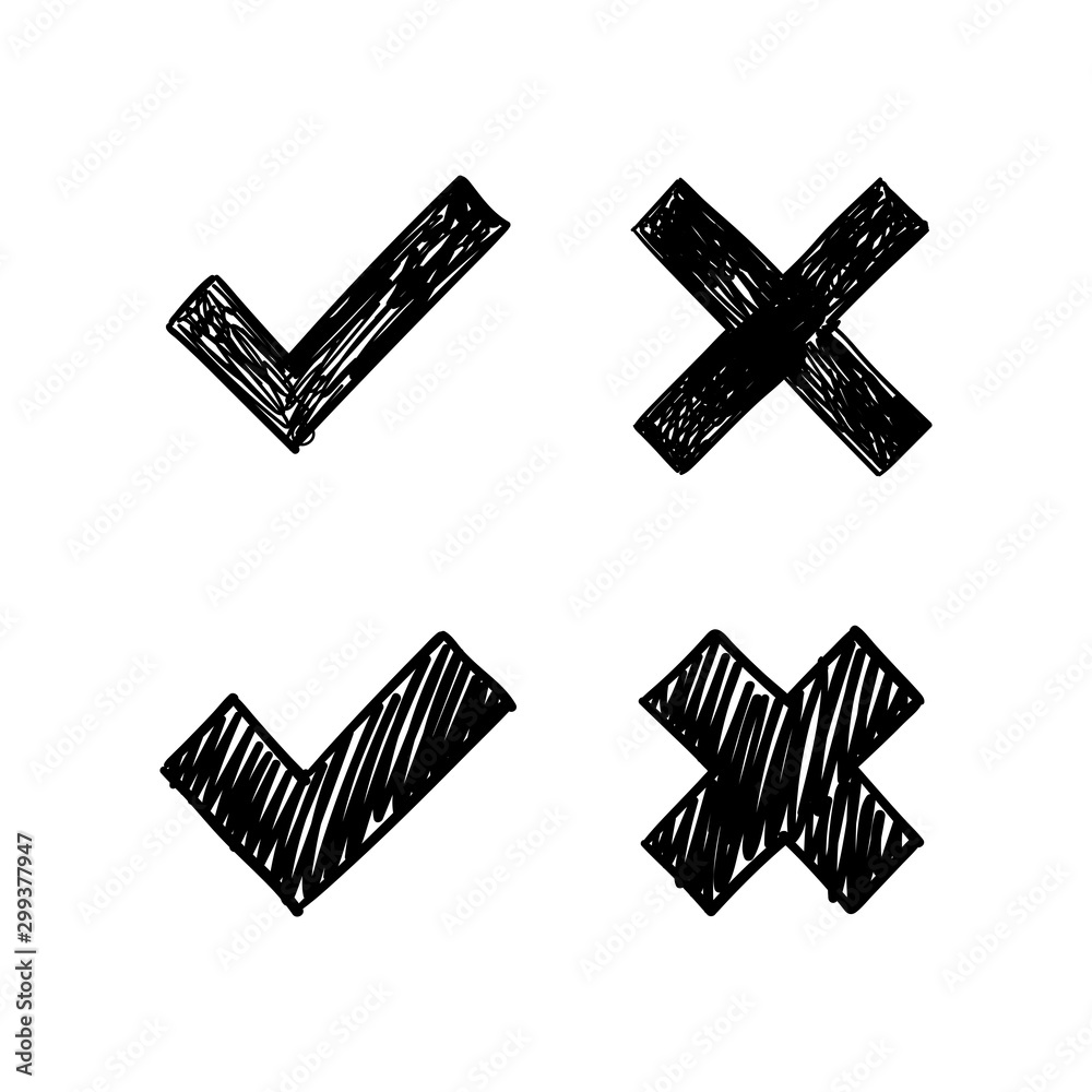 Checkmark icon doodles. Approval tick and wrong X cross. Hand drawn check mark symbols. Checkmark icon doodles. Approval tick and wrong X cross. Hand drawn check mark symbols.