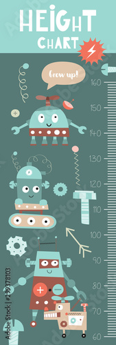 Kids height chart with cute robots, transformers, androids and cyborgs in Scandinavian style. Vector Illustration. Childish meter wall for nursery design.