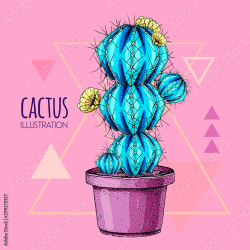Hand drawing blue fluorescent cactus vector illustration pink background