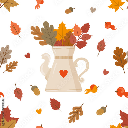 Autumn seamless pattern with jar and colorful leaves