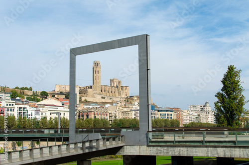 View of the Cathedral of La Seu Vella (Lleida, Catalonia, Spain) through a square frame