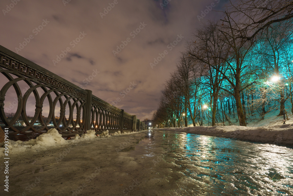 Photography of illuminated public park Sparrow Hills / Vorobyovy Gory / Lenin Hills in winter night. Concepts of beauty of big city.