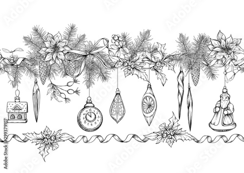 Christmas wreath of spruce, pine, poinsettia, fir with vintage decorations. Seamless pattern. Graphic drawing, engraving style. Vector illustration