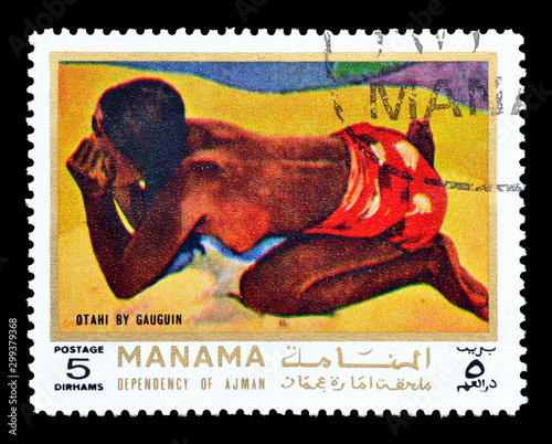 Cancelled postage stamp printed by Manama, that shows Painting Otahi by Gauguin, circa 1971. photo