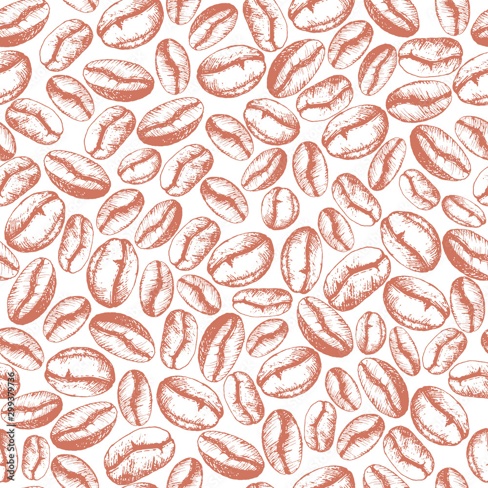 © Morgan Ph - Vector seamless pattern with coffee beans. Illustration grains of coffee in sketch engraving style for coffee shop or packaging. Vintage background with red coffee beans on white backdrop.