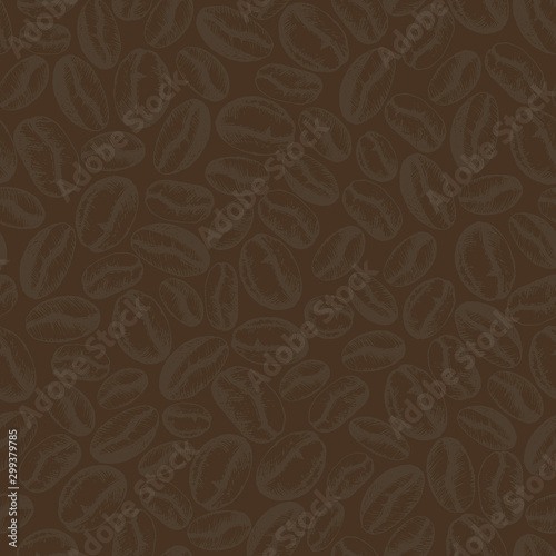 Vector seamless pattern with coffee beans. Illustration grains of coffee in sketch engraving style for coffee shop or packaging. Vintage background with brown coffee beans. 