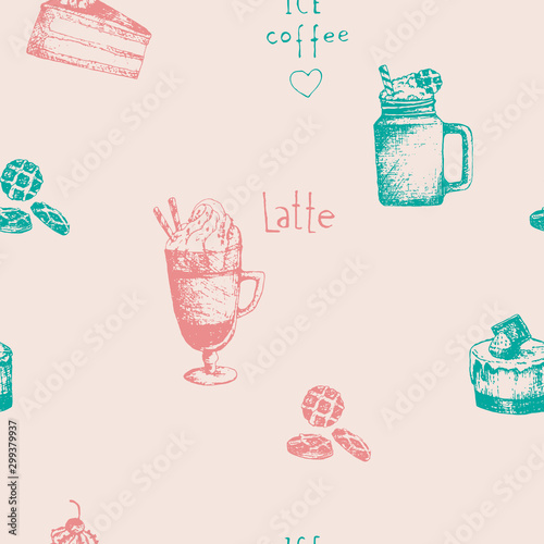 Vector seamless pattern with iced coffee and latte. Illustration glass and jar with coffee, waffles and cakes in sketch engraving style. Vintage blue and pink cups with coffee on vanilla background.