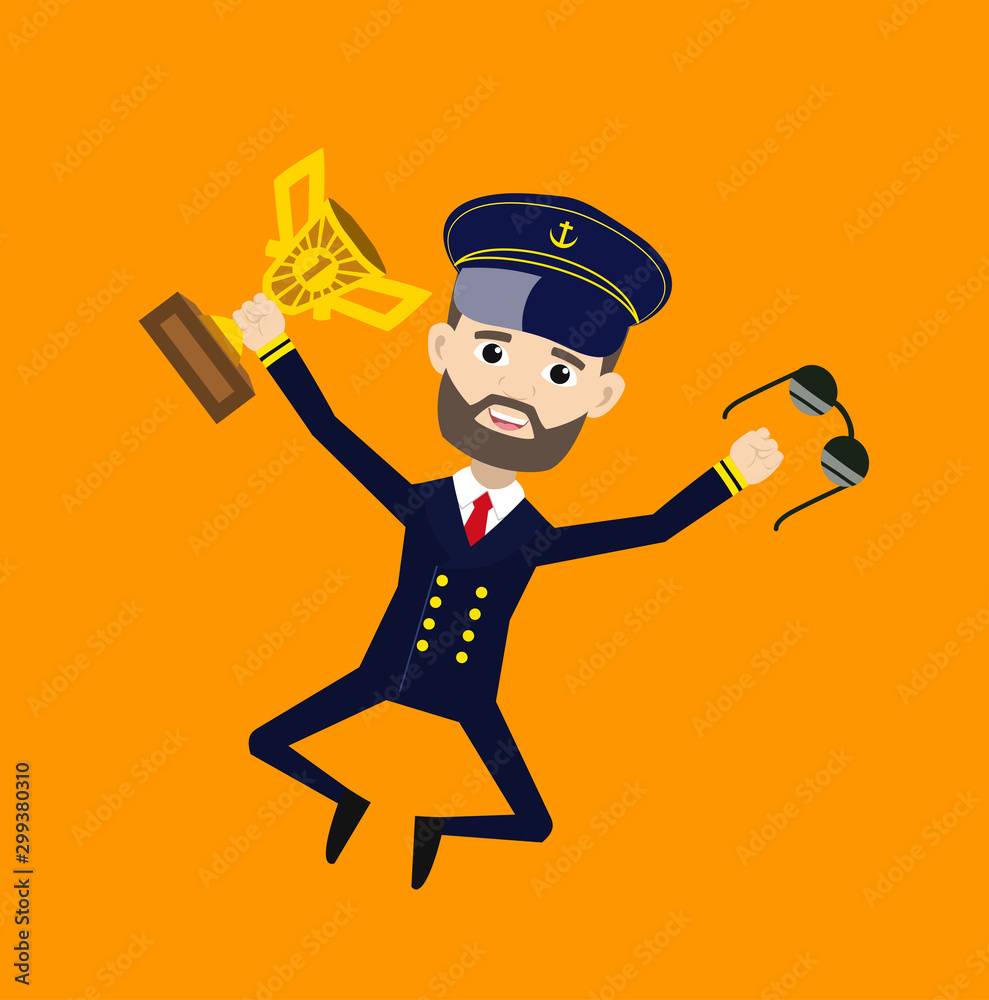 Ship Captain Pilot Jumping with Trophy Stock Vector Adobe Stock