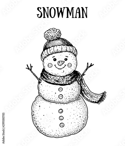 Smiling snowman. Snowman engraved style illustration. Hand drawn sketch with snowman. Vector illustration.
