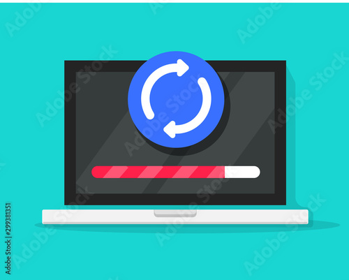 Laptop with loading icon and updating progress bar vector symbol, flat cartoon computer installation or upgrading process indicator, pc maintenance or backup modern design isolated image