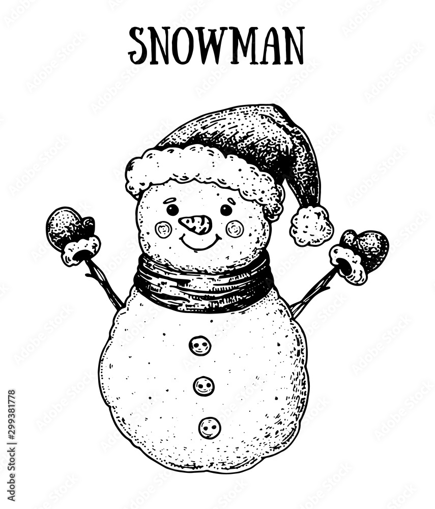 Snowman engraved style illustration. Hand drawn sketch with snowman ...