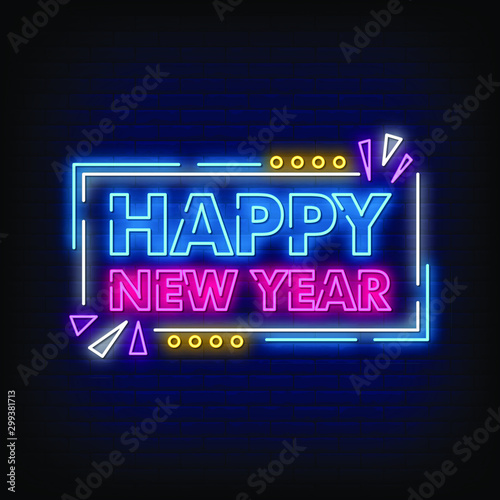 Happy New Year Neon Signs Style Text Vector