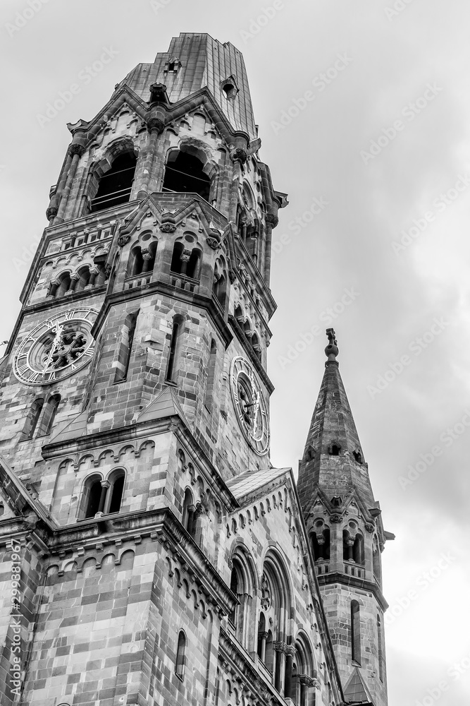 Impressive black and white view of the ruins of the Kaiser Wilhelm Gedächtniskirche church in the Charlottenburg district of Berlin, Germany