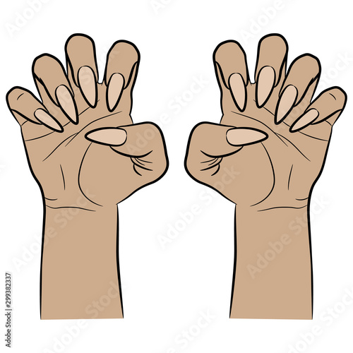 Two female hands with clenched fingers and long nails. Cartoon style.