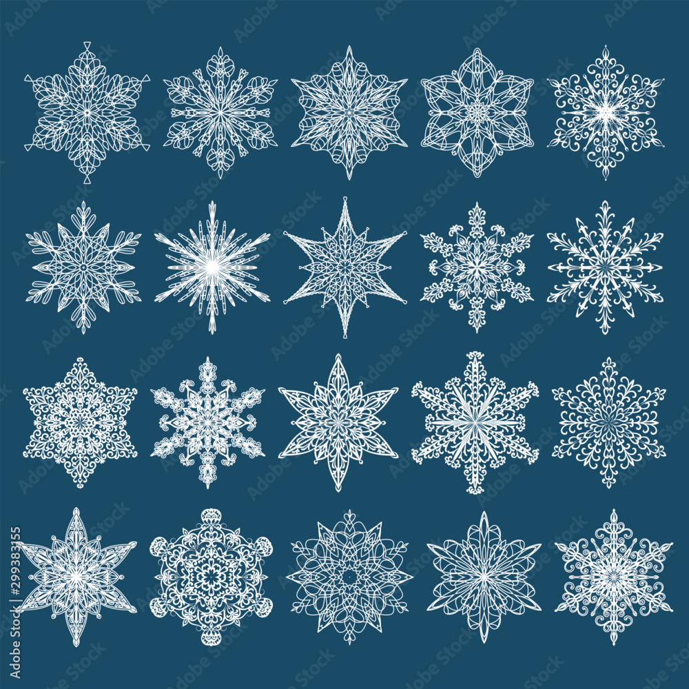 Collection of vector snowflakes. Set of twenty white winter icons on a blue background.