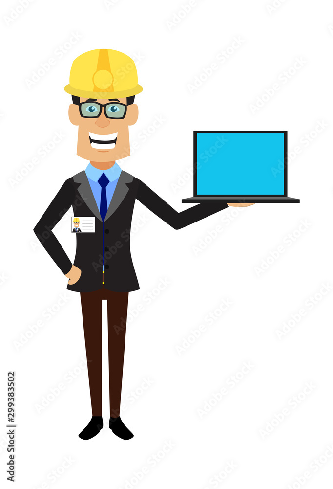 Technician Engineer Worker - Presenting a Laptop Technician Engineer Worker - Presenting a Laptop