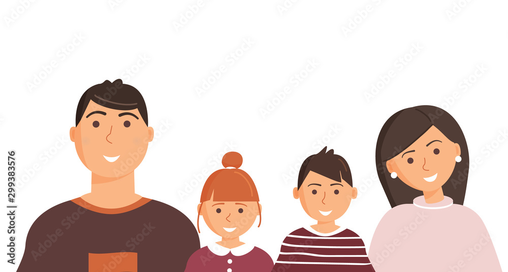 Happy cute family portrait of parents and kids: father, mother, son and daughter isolated on the white background. Family of four members. Modern flat cartoon colorful vector illustration Happy cute family portrait of parents and kids: father, mother, son and daughter isolated on the white background. Family of four members. Modern flat cartoon colorful vector illustration