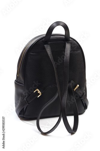 leather backpack with staves standing on a white background - Image