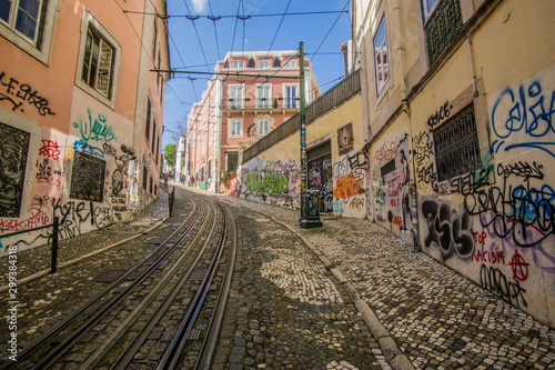 The Bica Funicular (Ascensor da Bica in Portuguese) the very famous and iconic funicular train that takes people up and down the hilly streets of Lisbon In Portugal