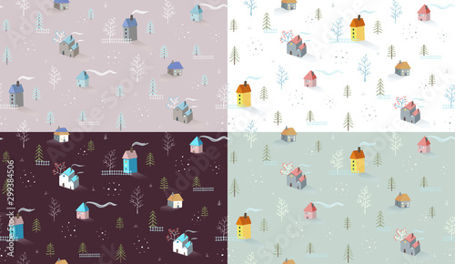 Houses village and rural landscape seamless pattern background set in different colors.