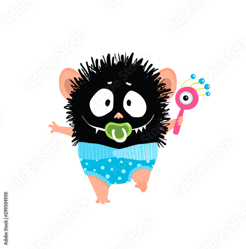 Happy baby boy monster walking with pacifier and rattle wearing blue nappy.