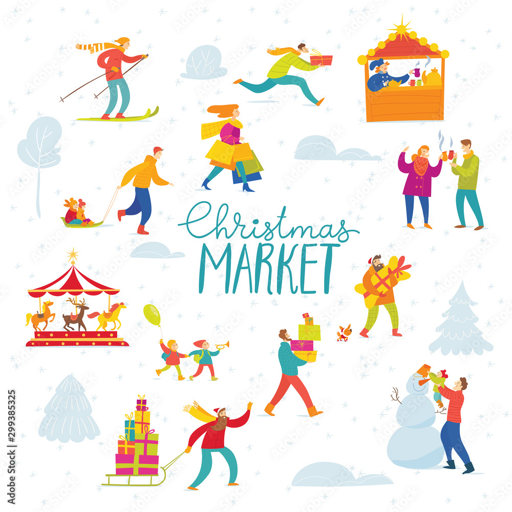 Vector Christmas winter design for holiday market with shopping and active people