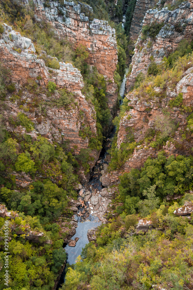 A wide from Paul Sauer Bridge view looking out over Storms River Gorge, a deep and narrow canyon with Storms River at the bottom. Tsitsikamma, Garden Route, South Africa