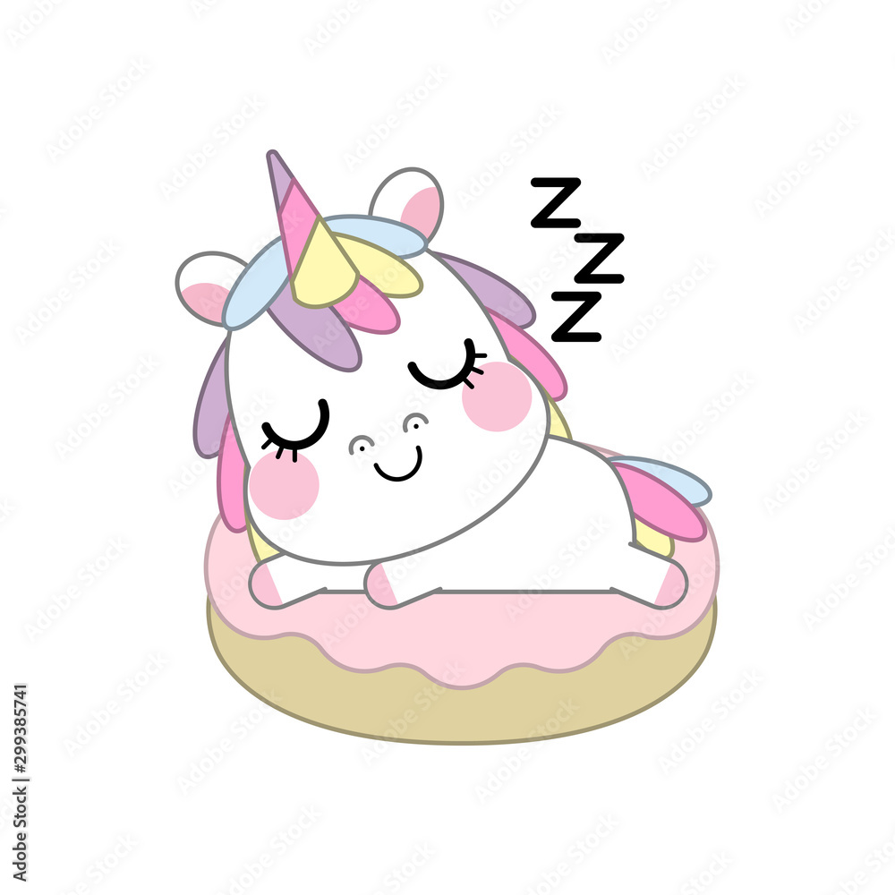 Unicorn cartoon sleep on sweet donut, baby animal, Kawaii Character pony cartoon, nursery decoration, Perfect for kid's greeting card design and Print for t-shirt. Vector illustration